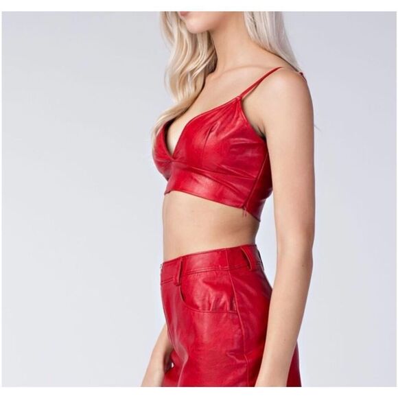 Anthropologie Red Faux Leather Crop Top Honey Punch Small Romantic Cherry Vibe‎ - Picture 2 of 7